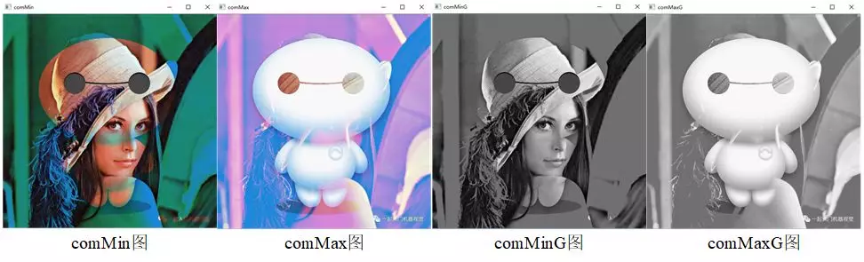 axAndMin.cpp程序中两个彩色图像和灰度图像进行比较运算结果