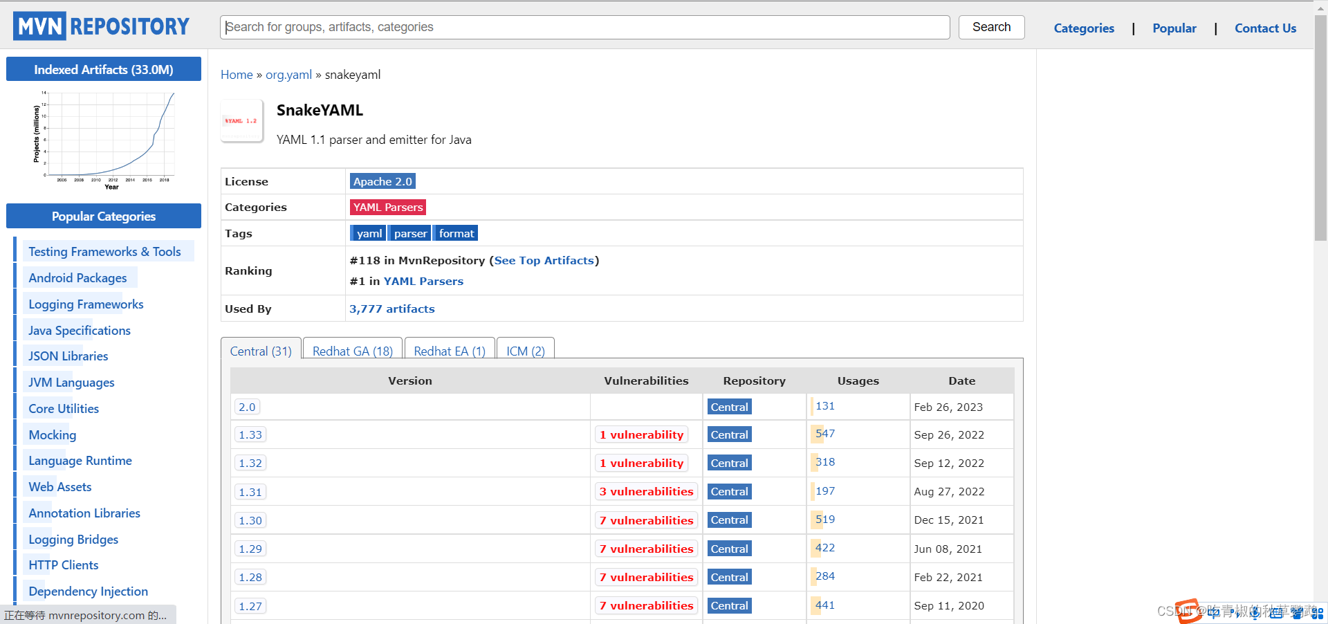 pom.xml中解决Provides transitive vulnerable dependency maven:org.yaml:snakeyaml:1.33警告