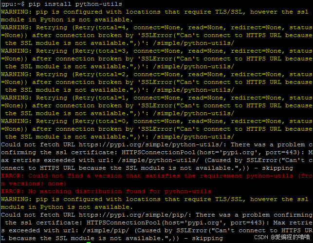 WARNING:pip is configured with locations that require TLS/SSL, however the ssl module in python 解决方案