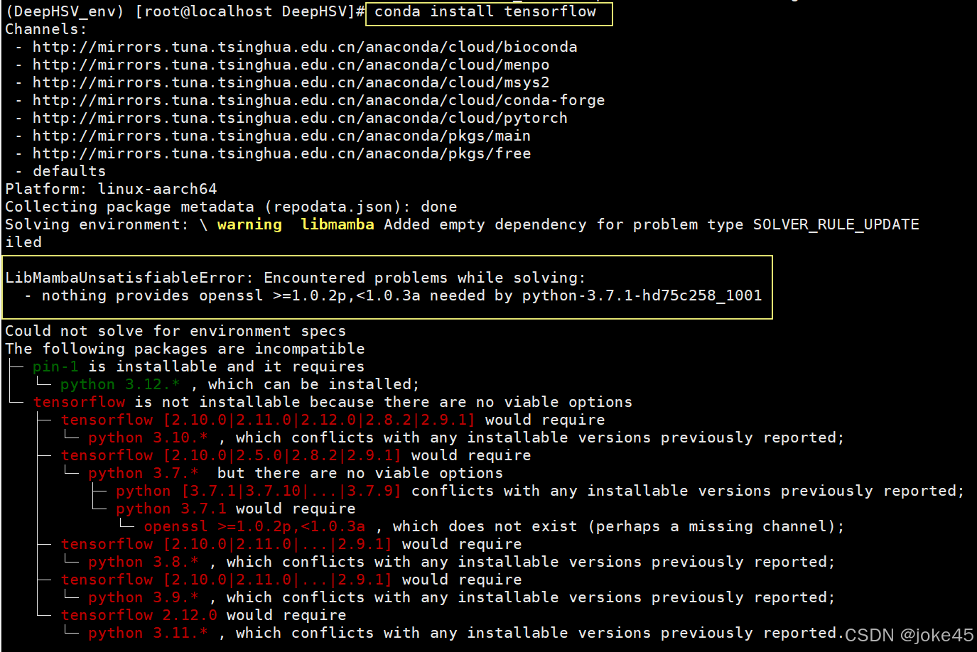 【安装tensorflow报错已解决】LibMambaUnsatisfiableError: Encountered problems while solving: