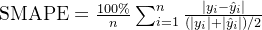 \text{SMAPE} = \frac{100\%}{n} \sum_{i=1}^{n} \frac{|y_i - \hat{y}_i|}{( |y_i| + |\hat{y}_i| ) / 2}