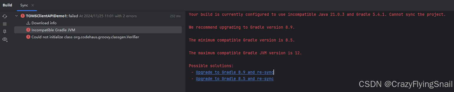 build报错：Your build is currently configured to use incompatible Java 21.0.3 and Gradle 5.4.1Cannot...